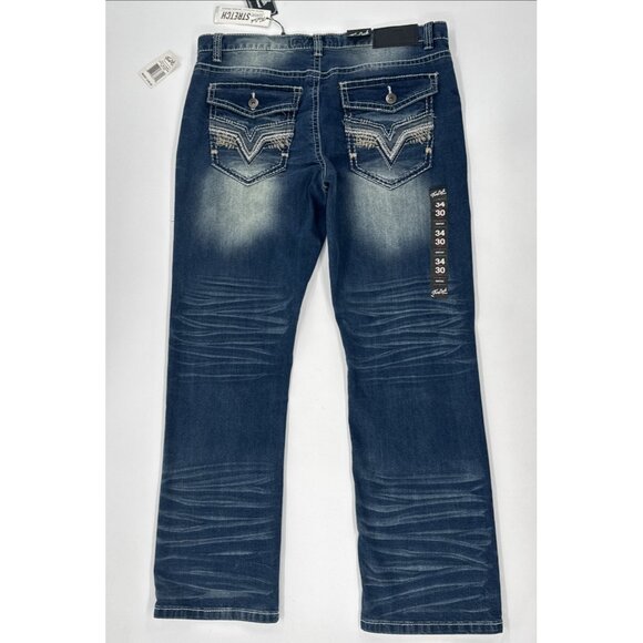 True Luck Jeans Mens 34x30 Blue Denim Bootcut Stretch Embroidered Whiskering - Picture 2 of 11